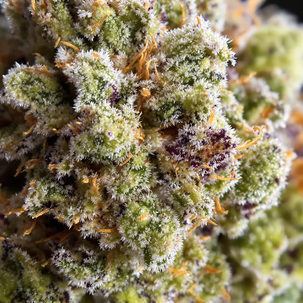 Runtz cannabis bud close-up showing open-bud structure with orange pistils