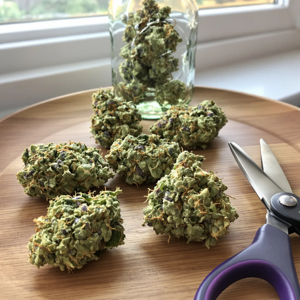 Russian Assassin 58% indica / 42% sativa flower with visible trichomes