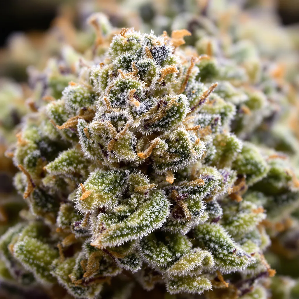 Russian Assassin cannabis bud close-up showing balanced bud structure with frosted trichomes