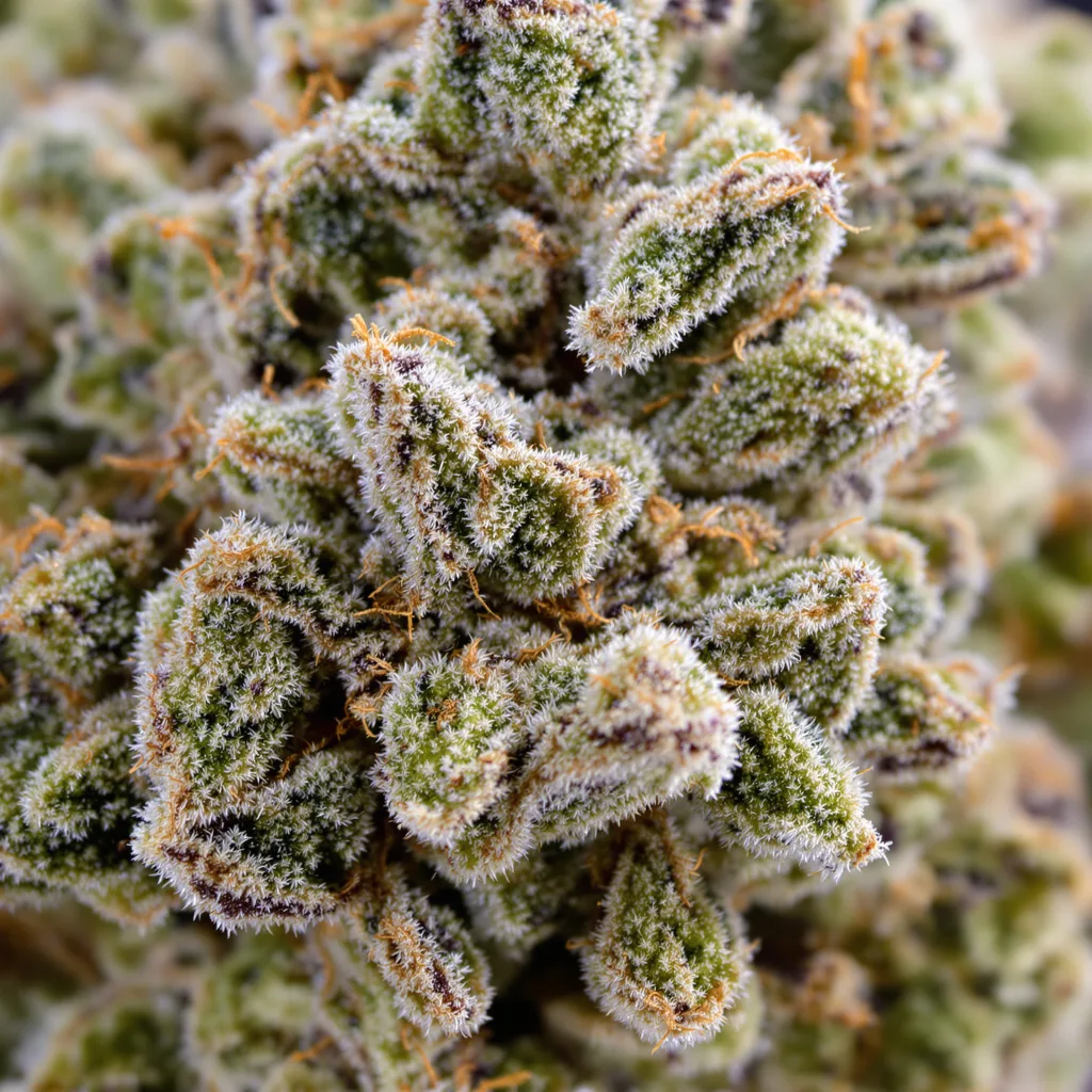SAGE cannabis bud close-up showing balanced bud structure with frosted trichomes