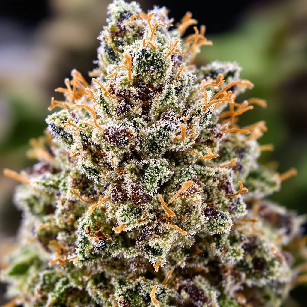Sangria cannabis bud close-up showing dense forest-green nugs