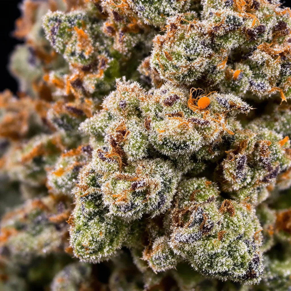 Shark Bite cannabis bud close-up showing dense forest-green nugs