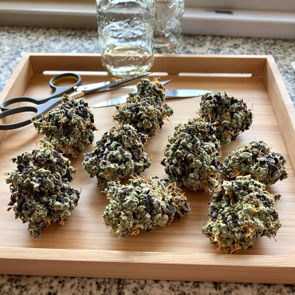 Sharksbreath 74% indica / 26% sativa flower with visible trichomes