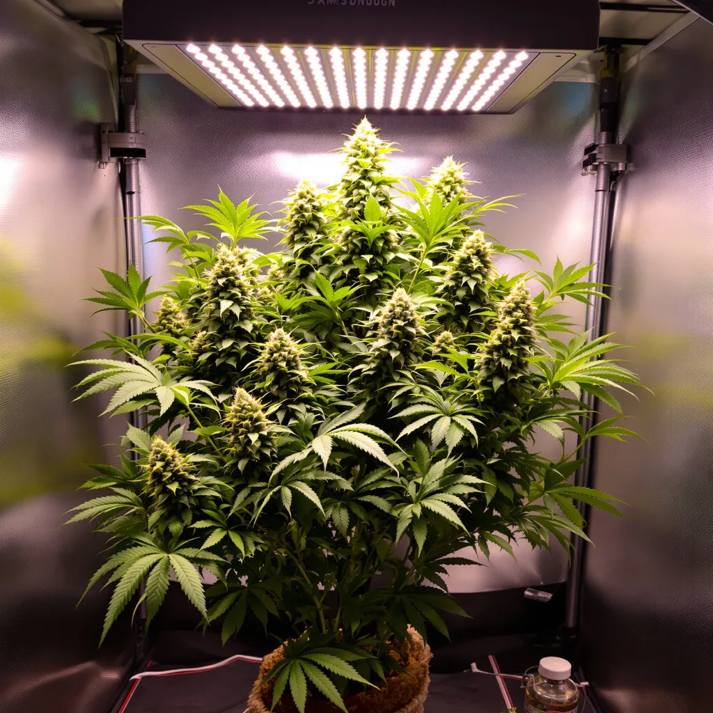 Sharksbreath 74% indica / 26% sativa flower with visible trichomes