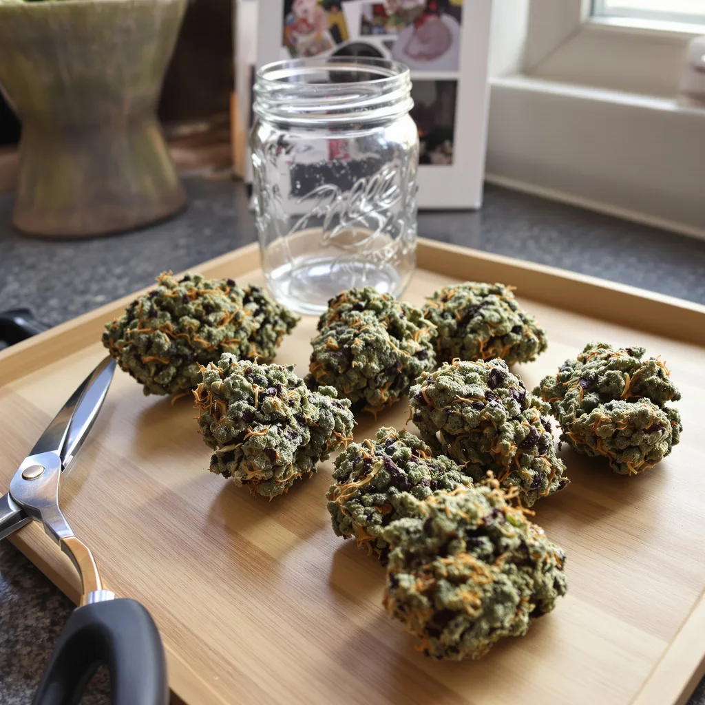 Shishkaberry 80% indica / 20% sativa flower with visible trichomes