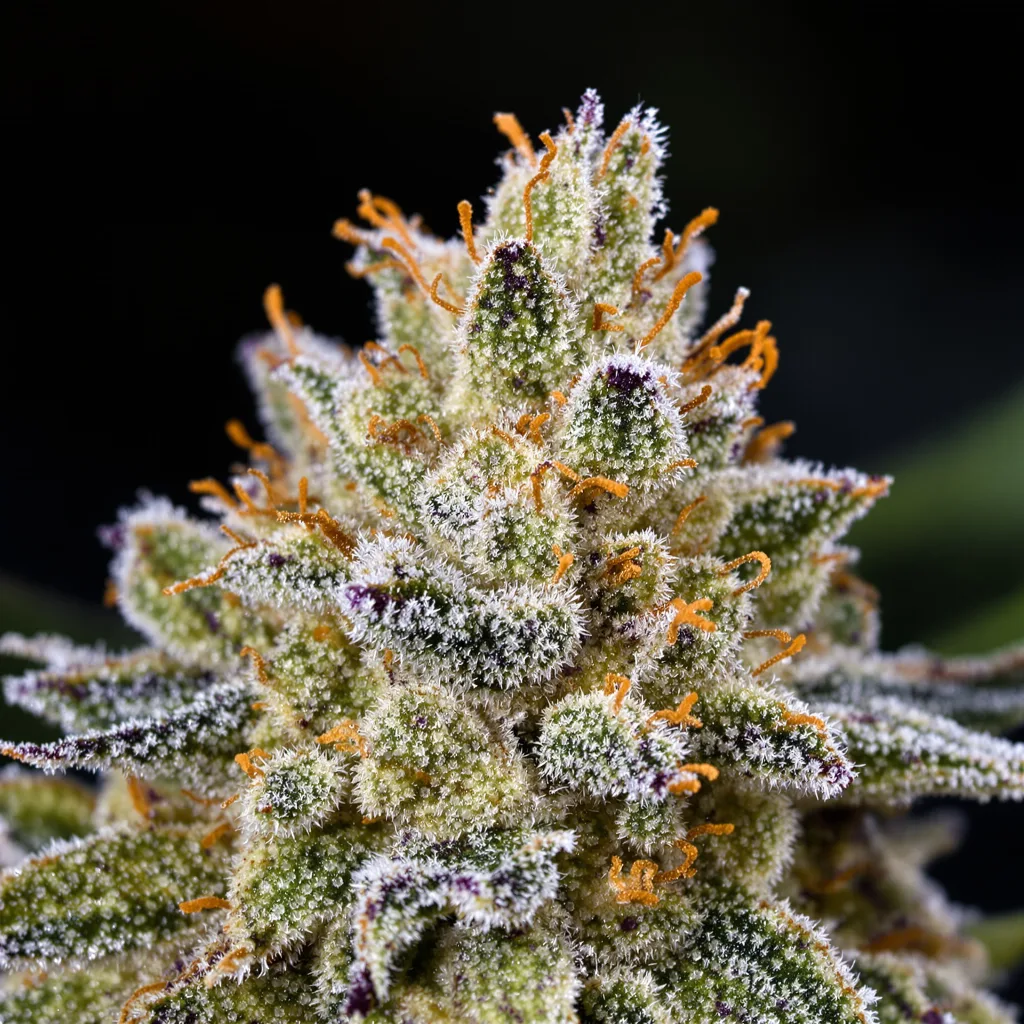 Sister Glue cannabis bud close-up showing balanced bud structure with frosted trichomes