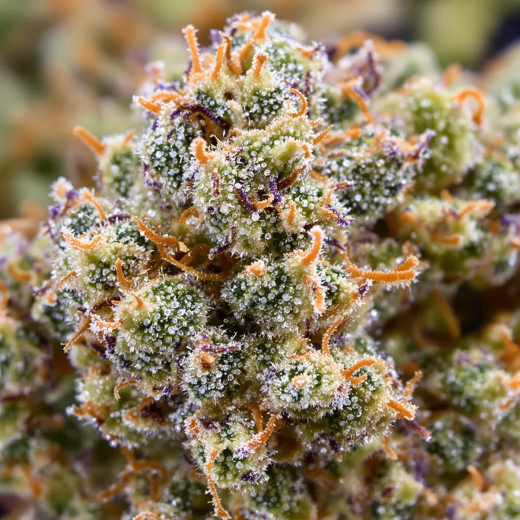Six Shooter cannabis bud close-up showing balanced bud structure with frosted trichomes