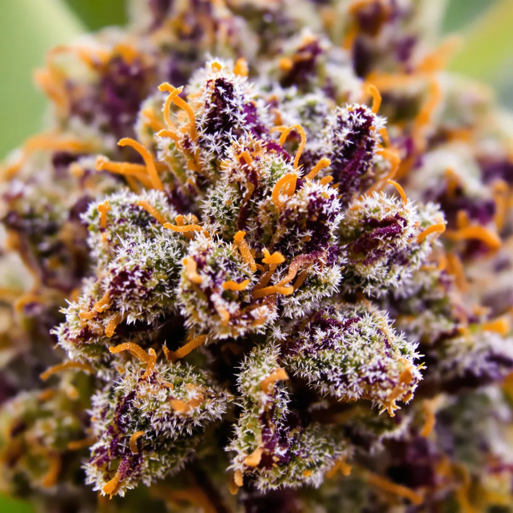 Skunk cannabis bud close-up showing dense purple-tinged calyxes