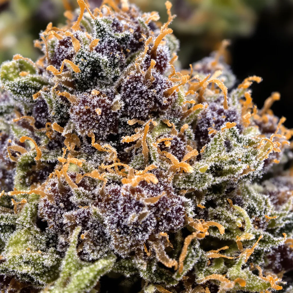 Skunk cannabis bud close-up showing dense purple-tinged calyxes
