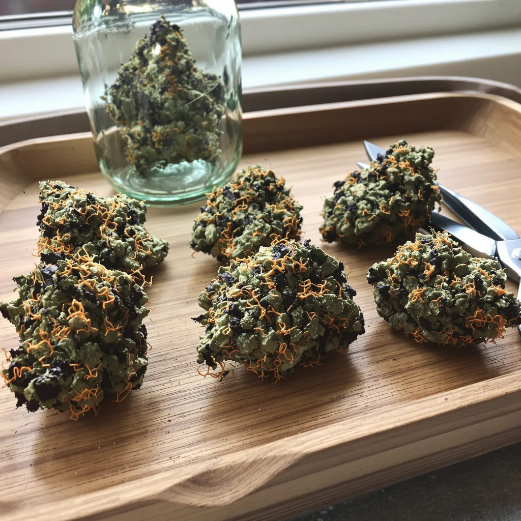 Skunk Kush 77% indica / 23% sativa flower with visible trichomes