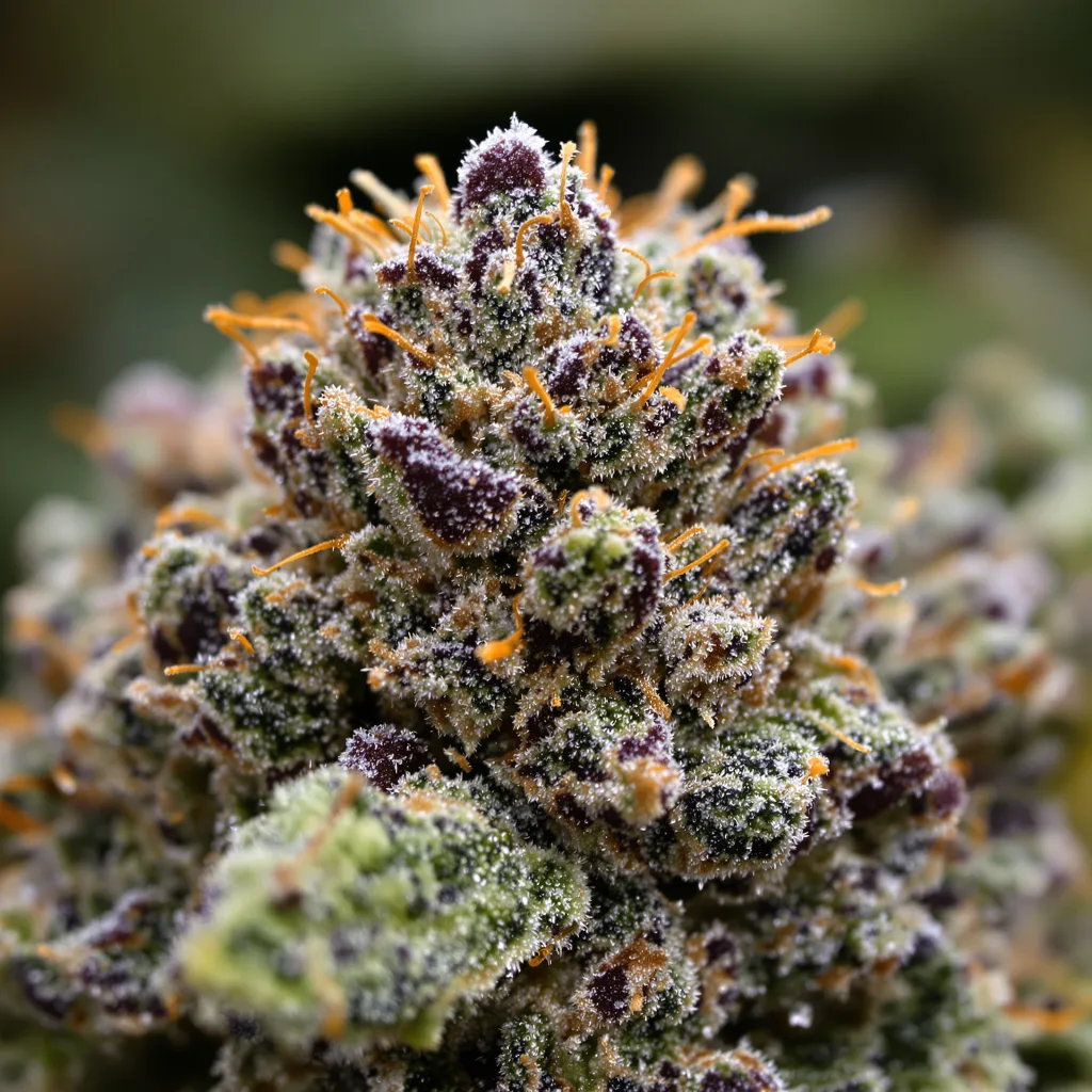 Skunk Kush cannabis bud close-up showing dense purple-tinged calyxes