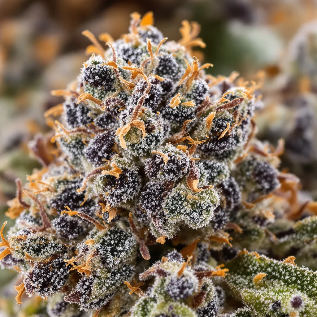 Skunky Afro cannabis bud close-up showing dense purple-tinged calyxes