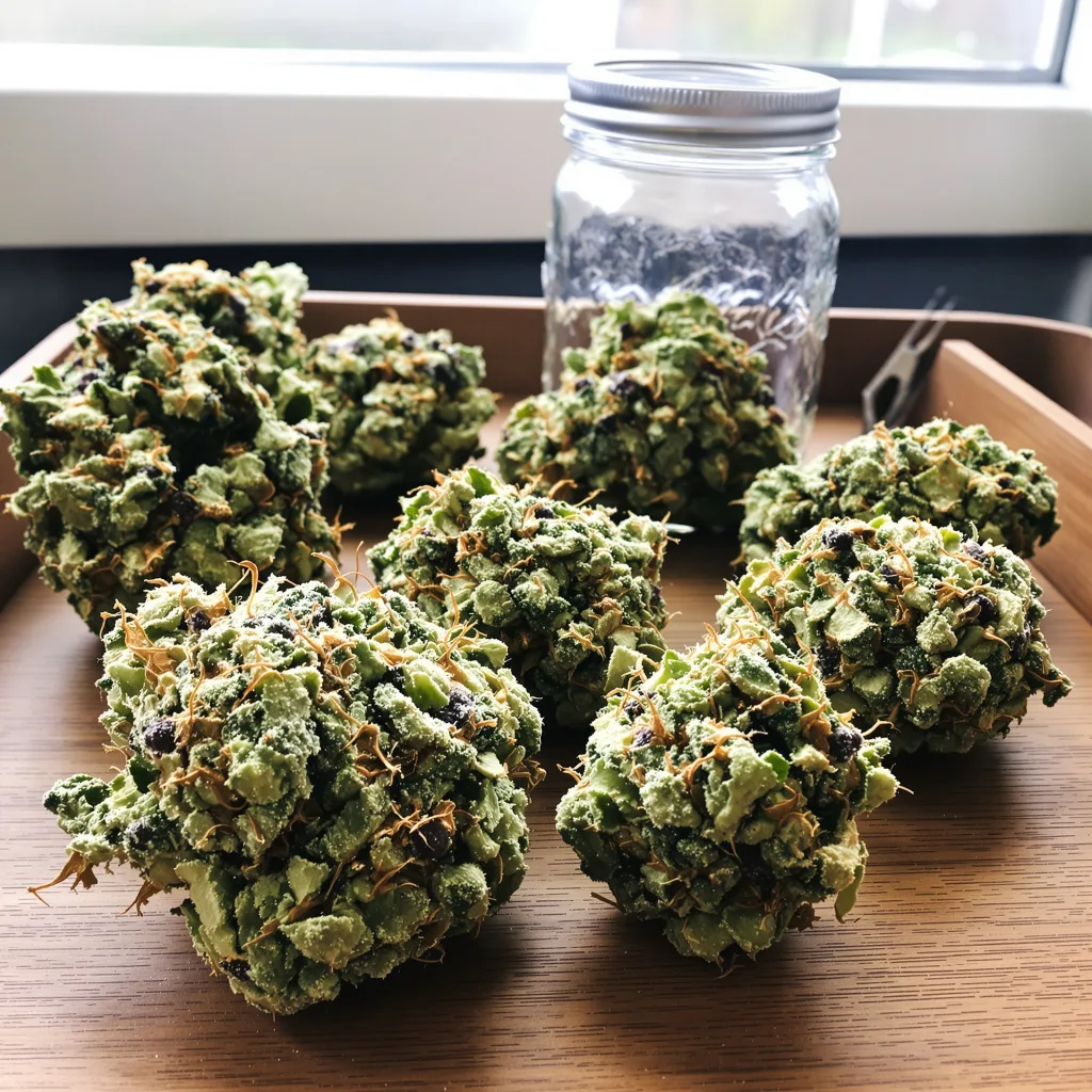 Smelliot 47% indica / 53% sativa flower with visible trichomes