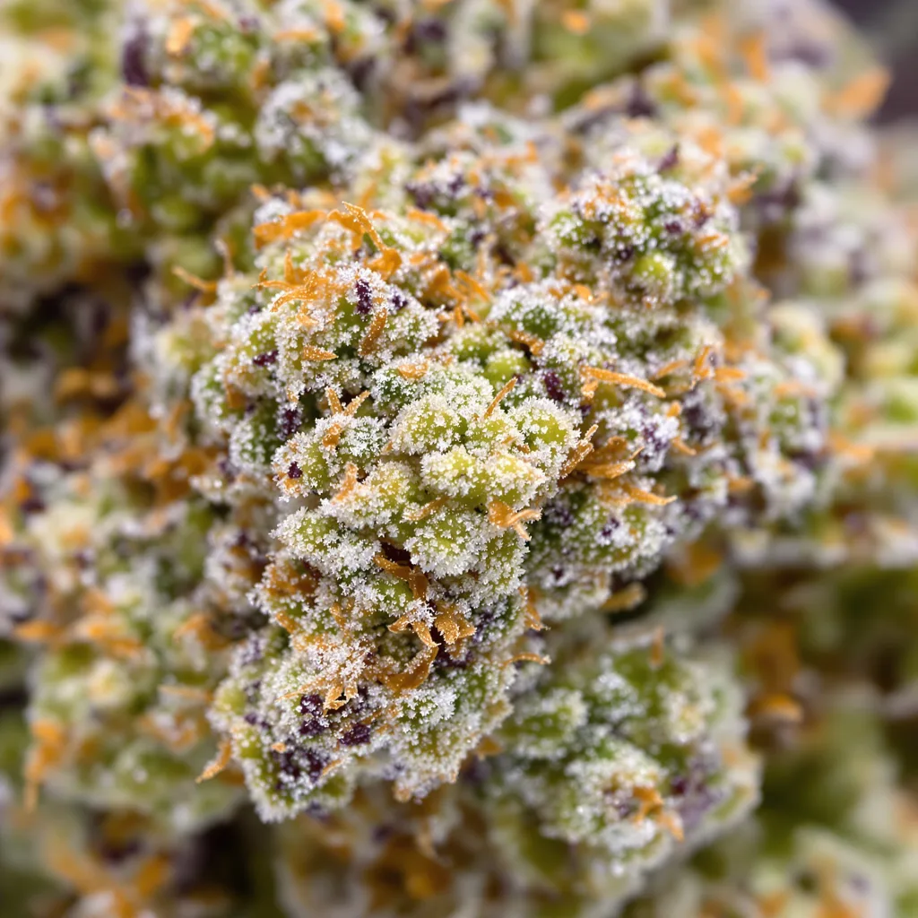 Snow Leopard cannabis bud close-up showing balanced bud structure with frosted trichomes