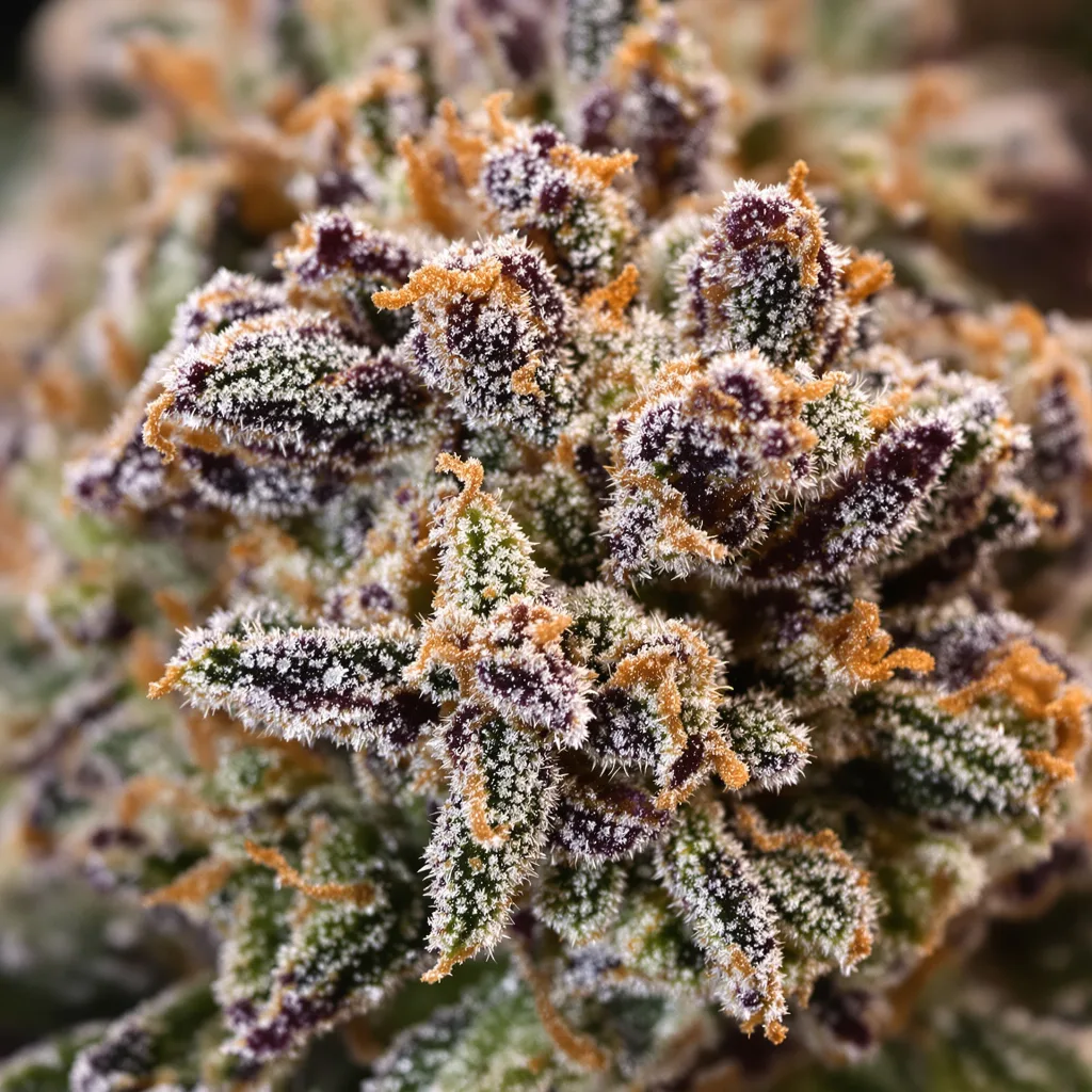 Snow White cannabis bud close-up showing dense purple-tinged calyxes