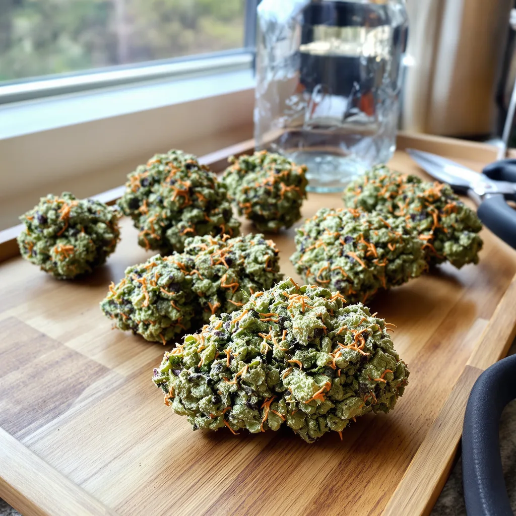 Snowcap 50% indica / 50% sativa flower with visible trichomes