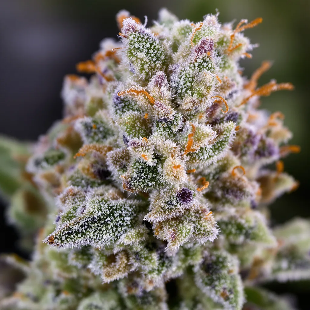 Snowcap cannabis bud close-up showing balanced bud structure with frosted trichomes