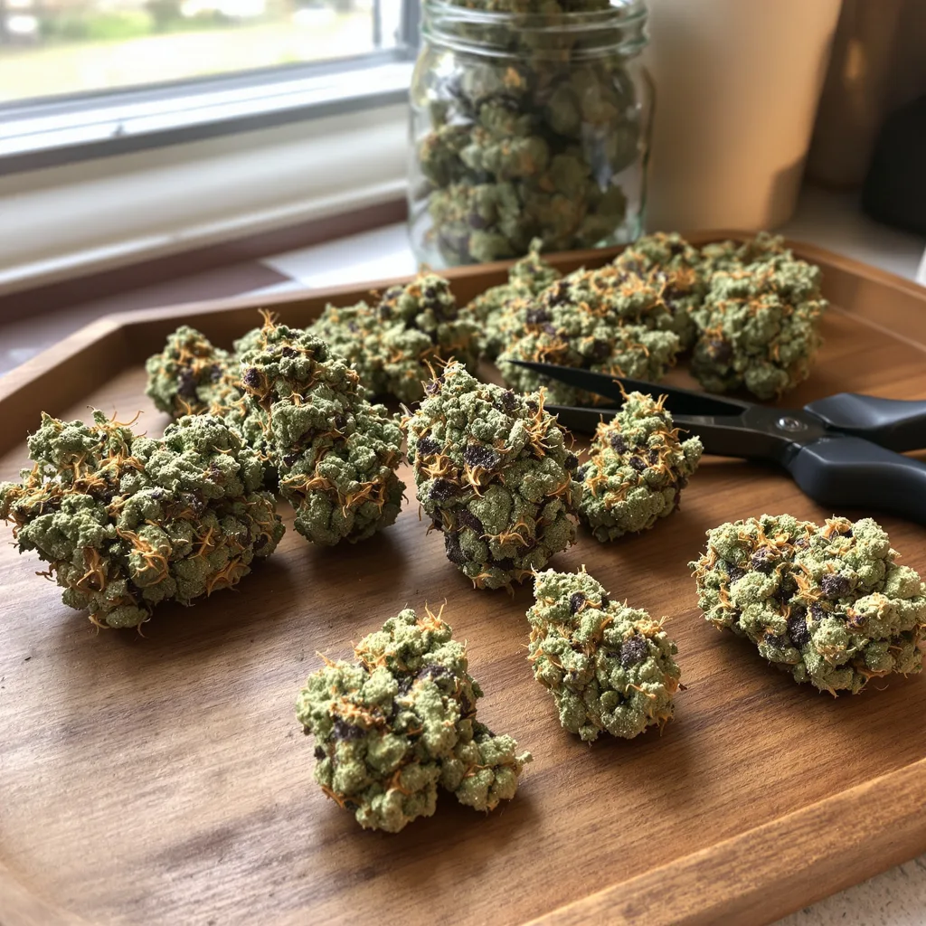 Sour Bubba 47% indica / 53% sativa flower with visible trichomes