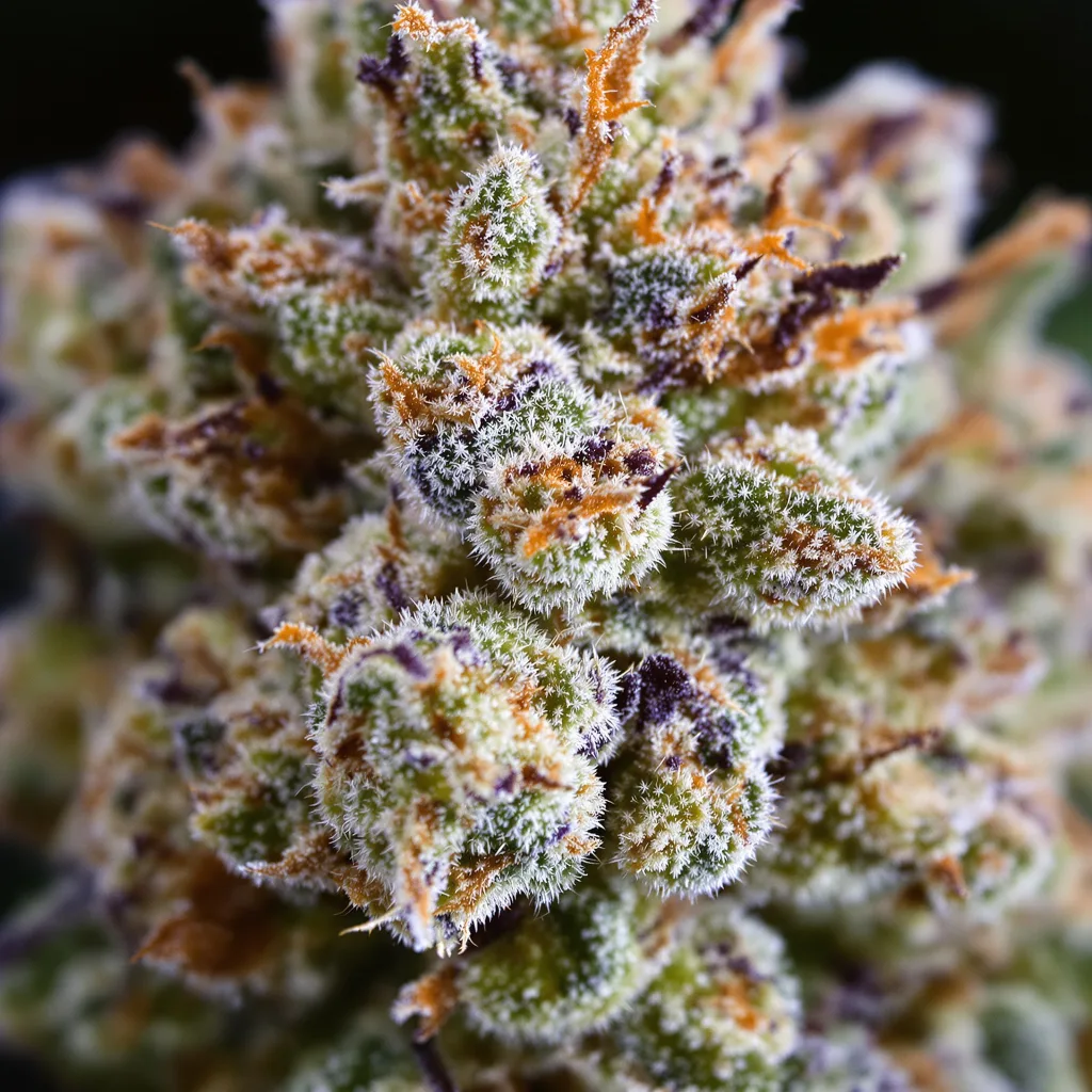 Sour Bubba cannabis bud close-up showing balanced bud structure with frosted trichomes
