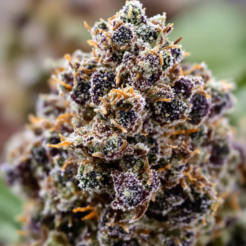 Sour Bubble cannabis bud close-up showing dense purple-tinged calyxes