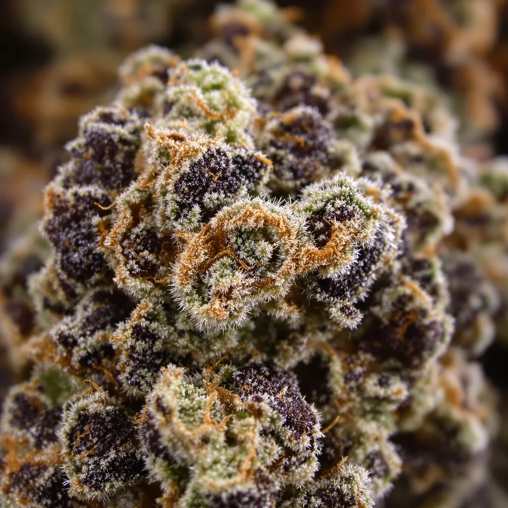 Sour Bubble cannabis bud close-up showing dense purple-tinged calyxes