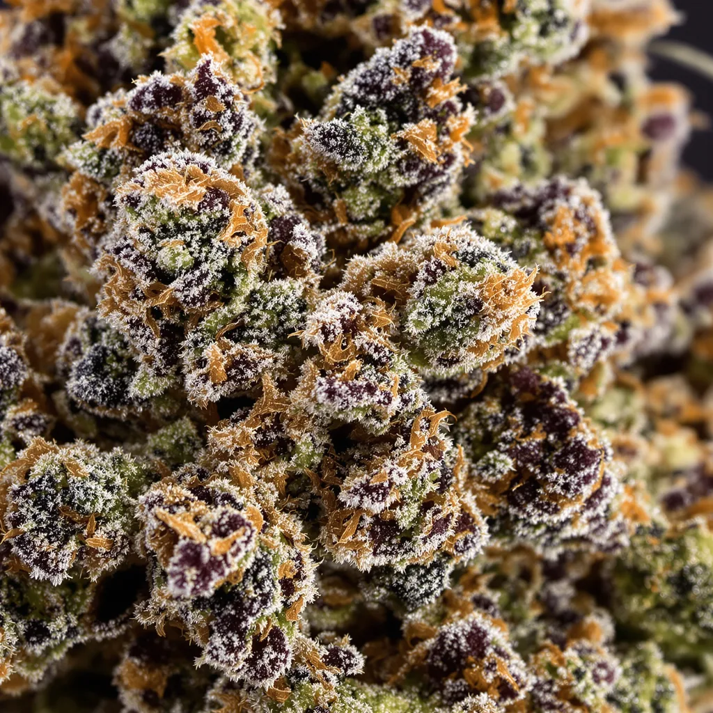 Sour Cheese cannabis bud close-up showing dense purple-tinged calyxes