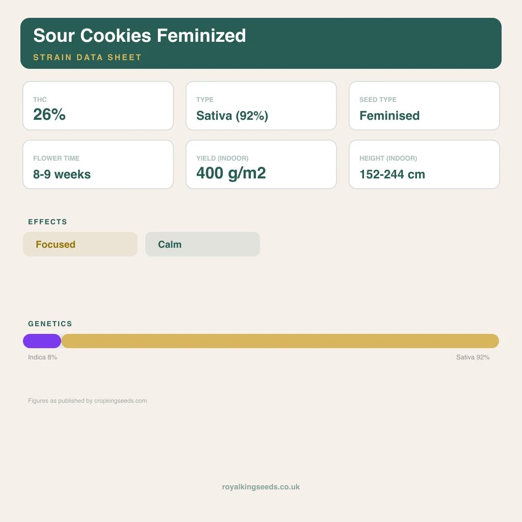 Sour Cookies 8% indica / 92% sativa flower with visible trichomes
