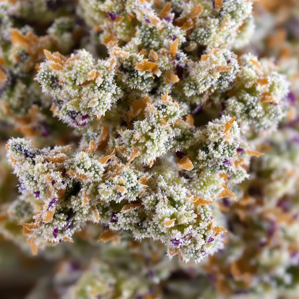 Sour Dubble cannabis bud close-up showing dense forest-green nugs