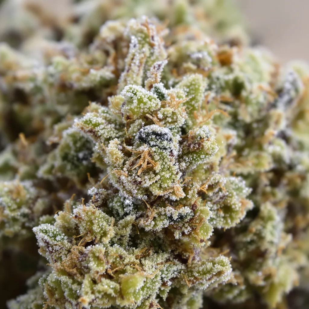Sour Dubble cannabis bud close-up showing dense forest-green nugs