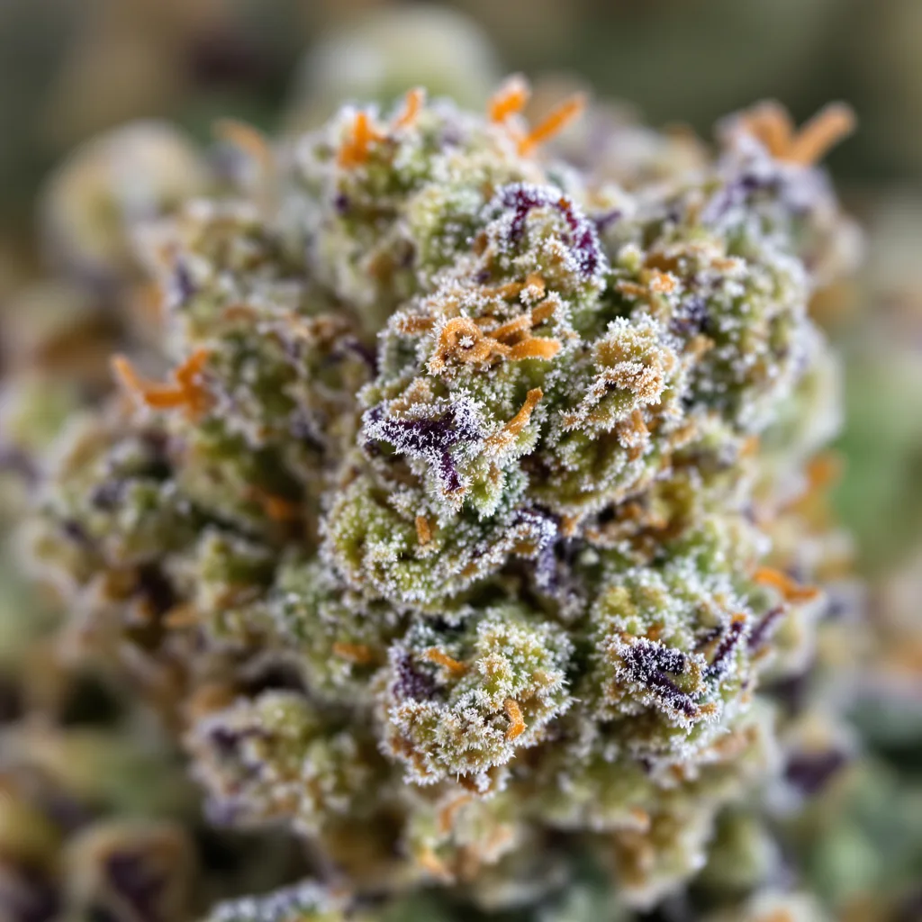 Sour Kush cannabis bud close-up showing balanced bud structure with frosted trichomes
