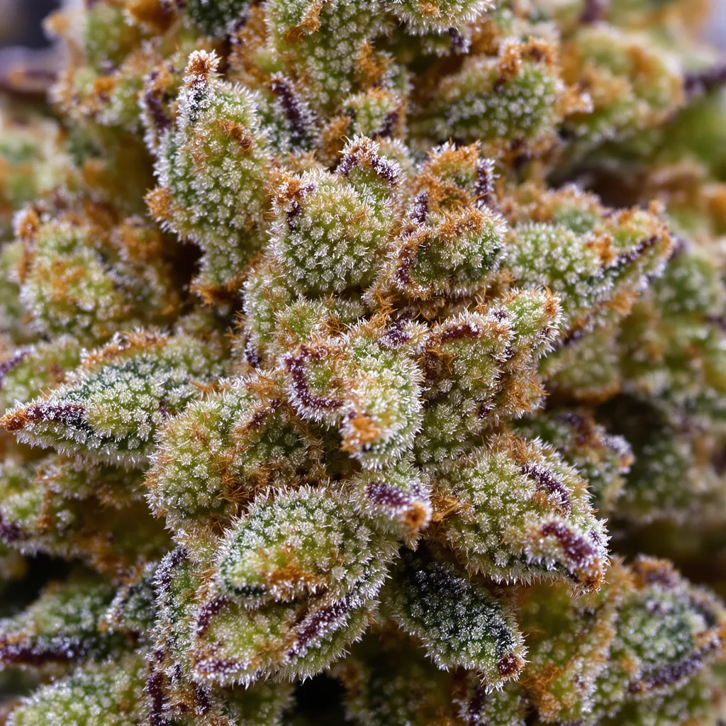 Space Bomb cannabis bud close-up showing open-bud structure with orange pistils