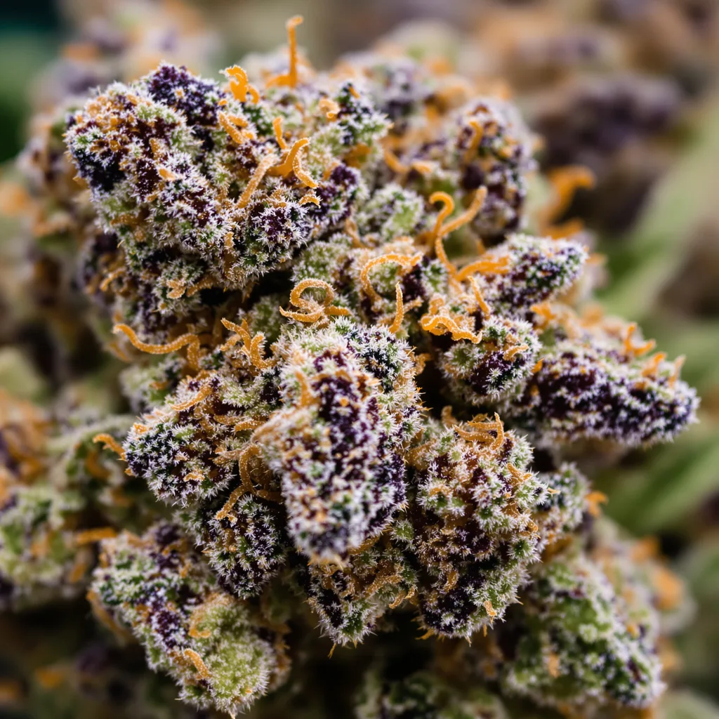Space Dawg cannabis bud close-up showing dense purple-tinged calyxes