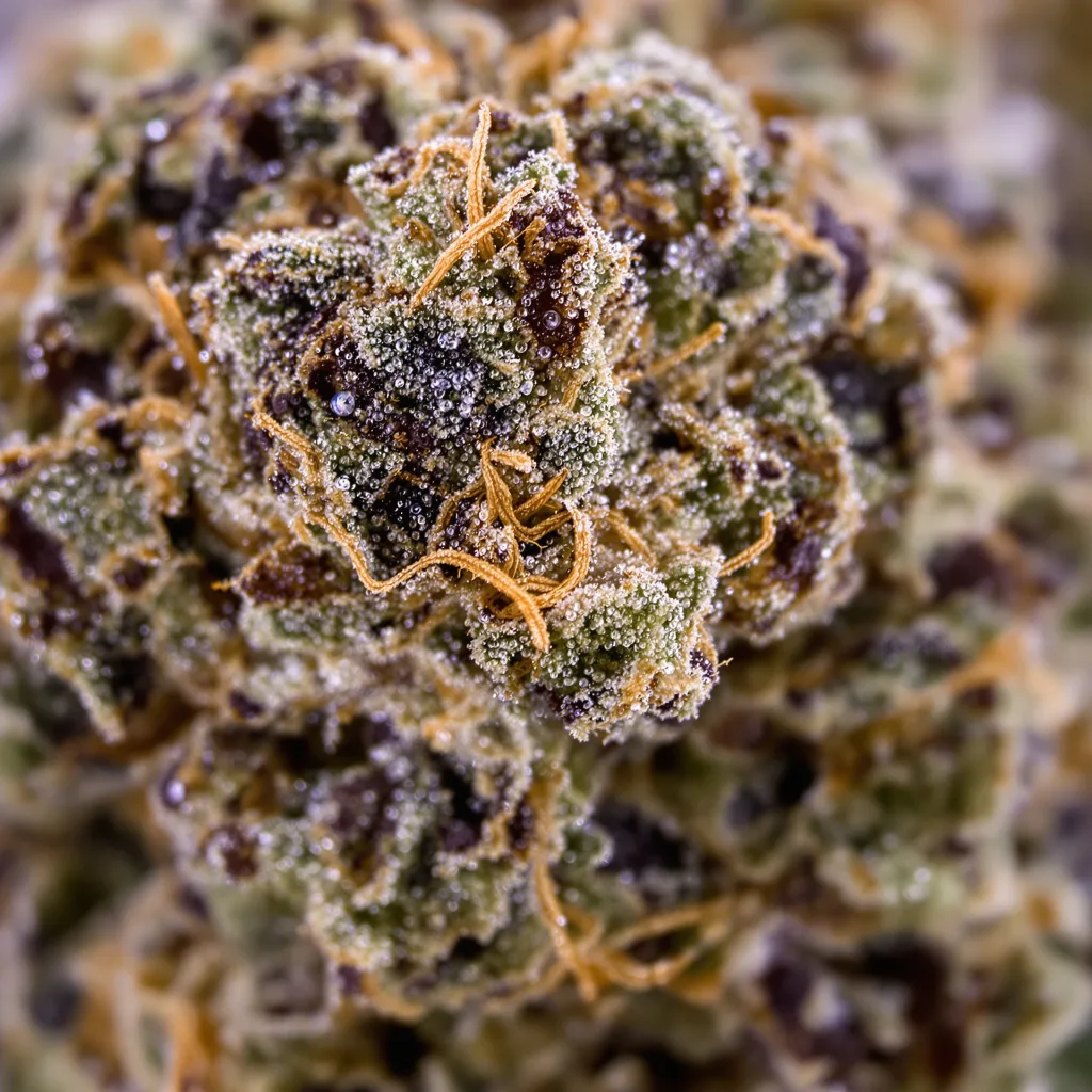 Space Dawg cannabis bud close-up showing dense purple-tinged calyxes