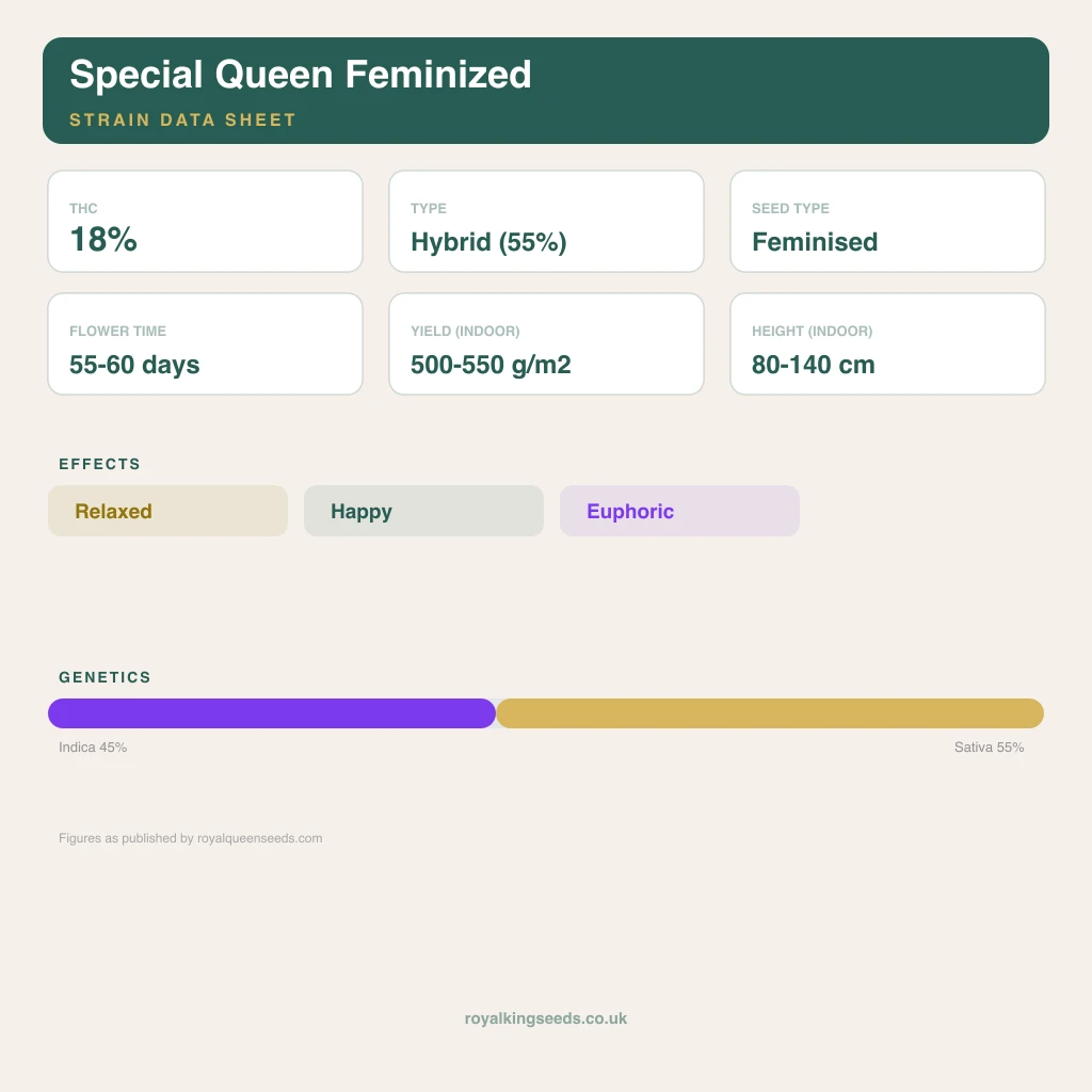 Special Queen 45% indica / 55% sativa flower with visible trichomes