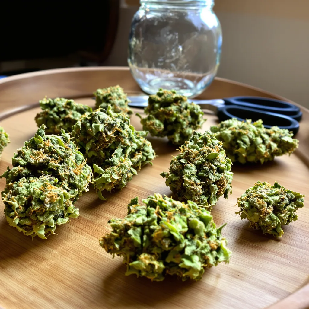 Stardawg 13% indica / 87% sativa flower with visible trichomes