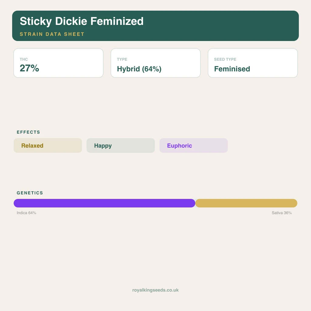 Sticky Dickie 64% indica / 36% sativa flower with visible trichomes