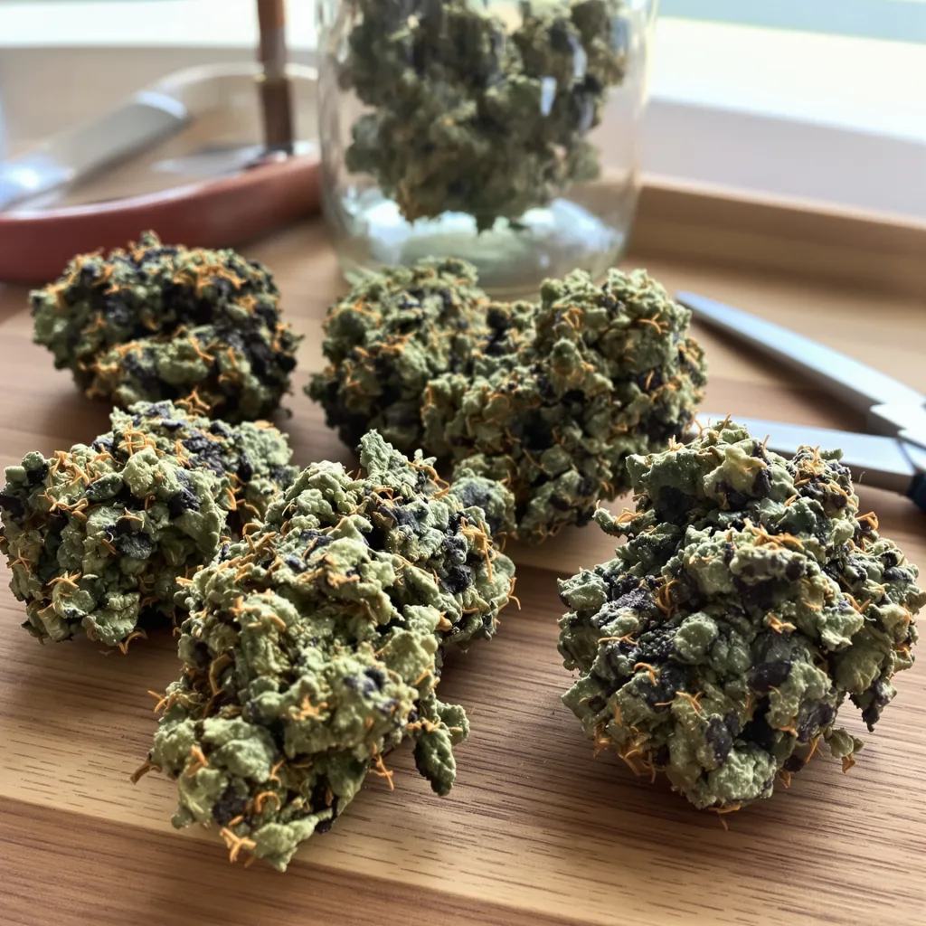 Stinking Rich 80% indica / 20% sativa flower with visible trichomes