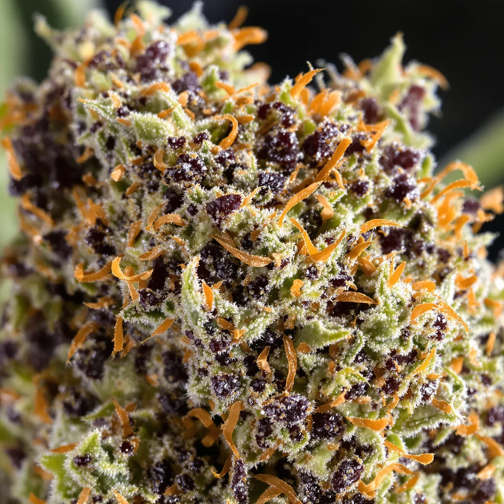 Stinking Rich cannabis bud close-up showing dense purple-tinged calyxes