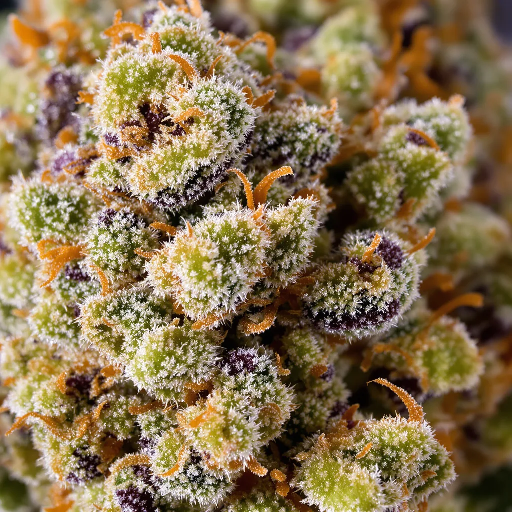 Strawberry Cheese cannabis bud close-up showing balanced bud structure with frosted trichomes