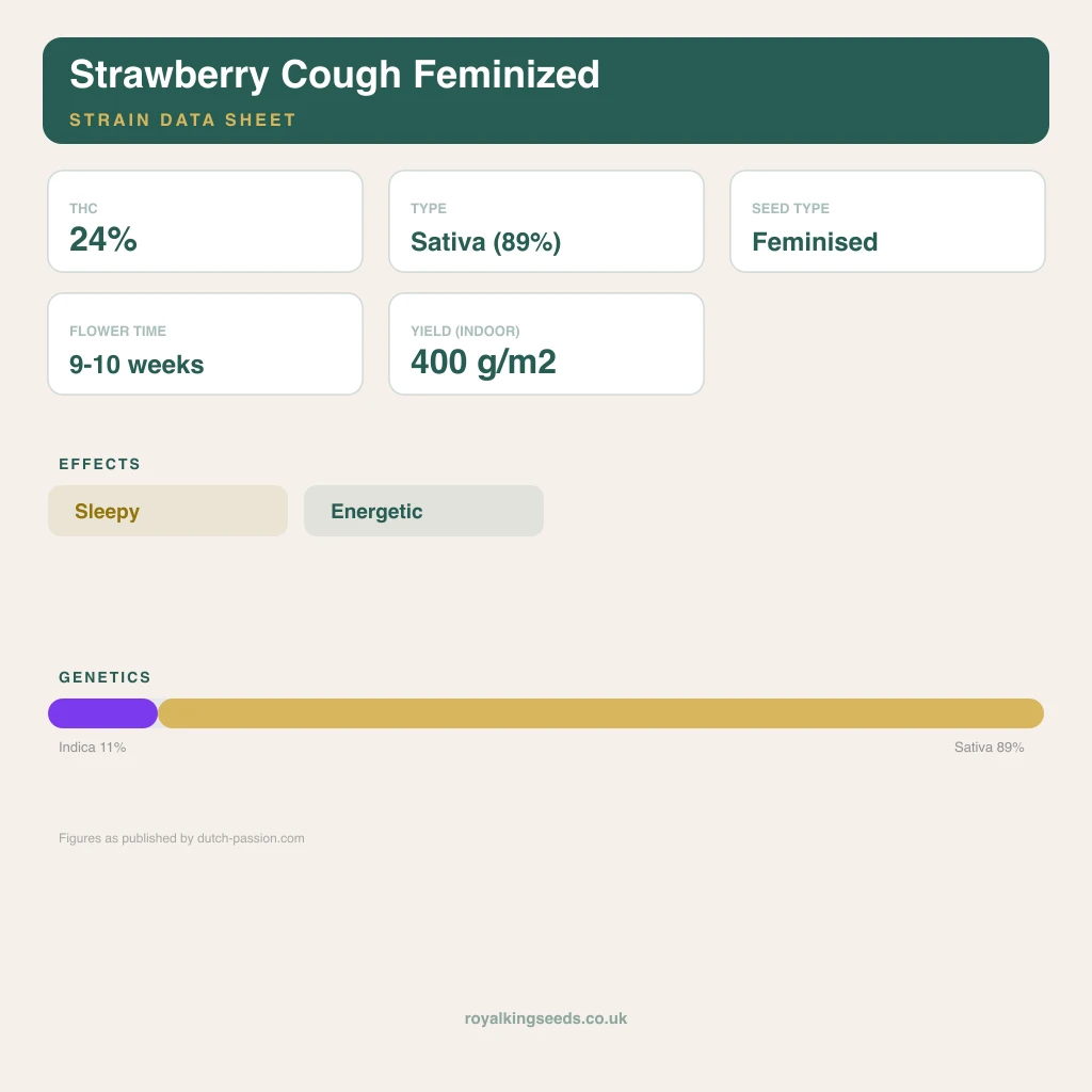 Strawberry Cough 11% indica / 89% sativa flower with visible trichomes