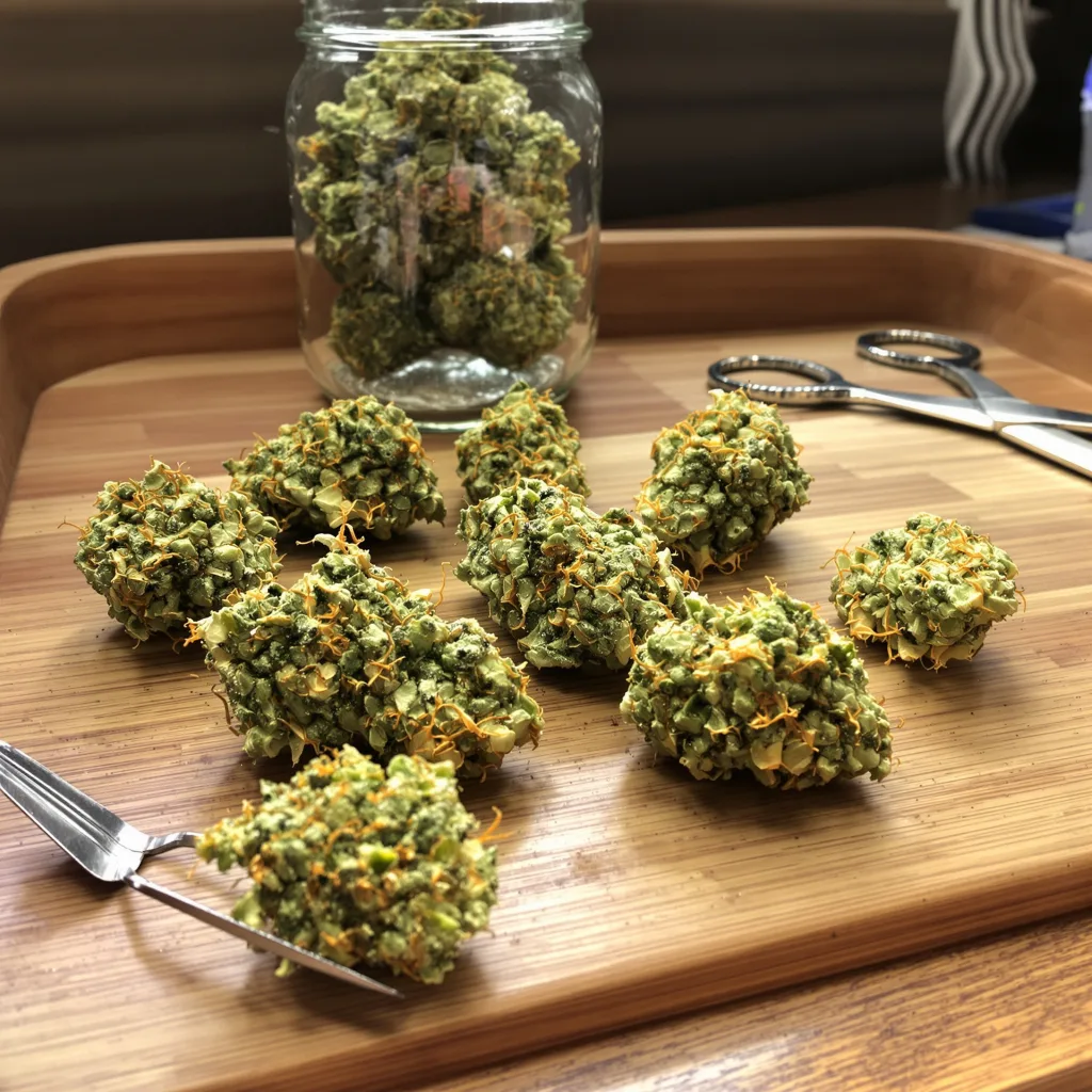 Strawberry 5% indica / 95% sativa flower with visible trichomes