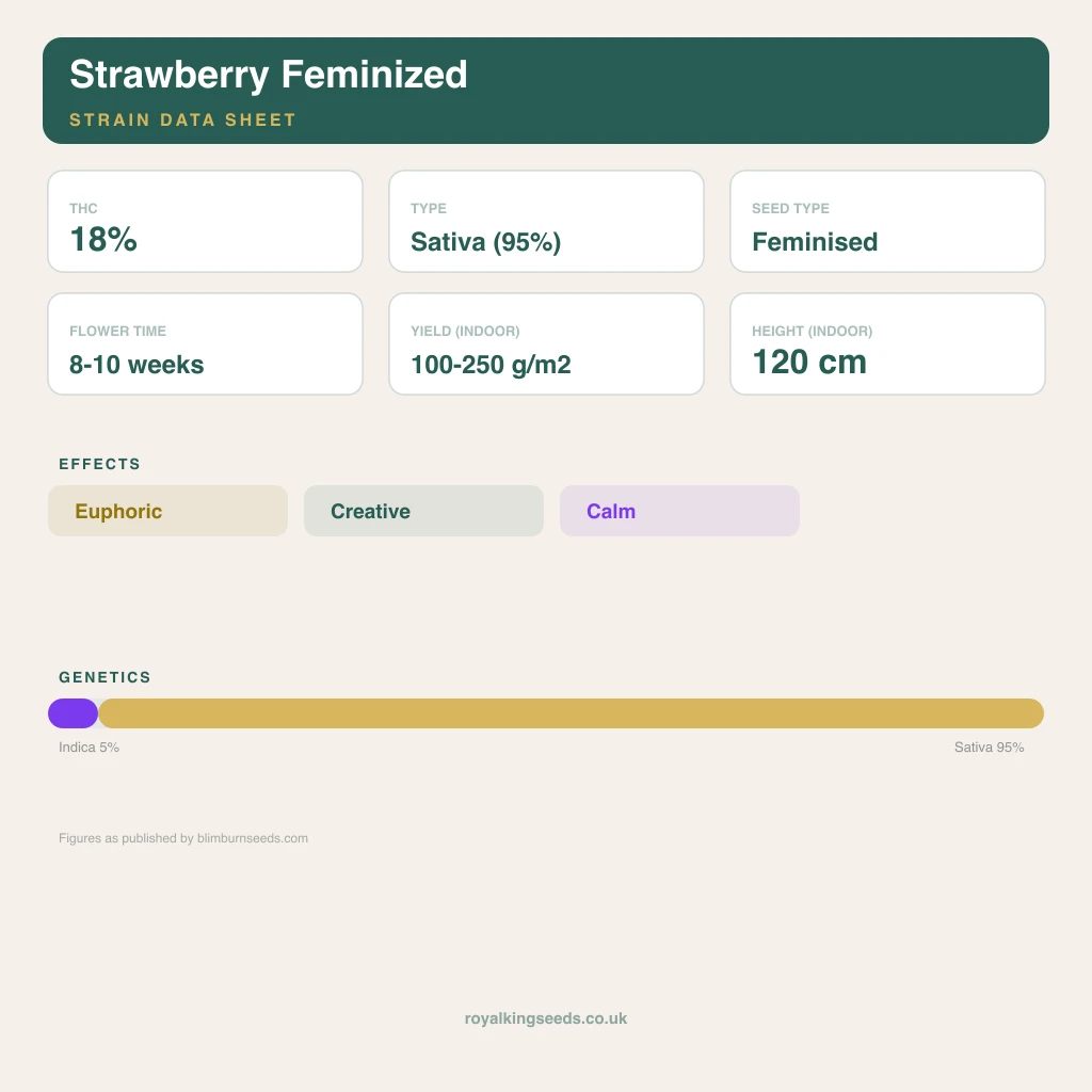 Strawberry 5% indica / 95% sativa flower with visible trichomes
