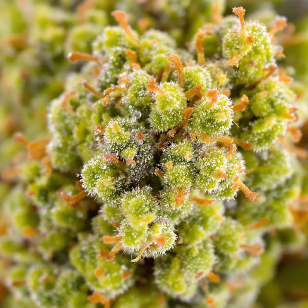 Strawberry cannabis bud close-up showing lime-green airy structure