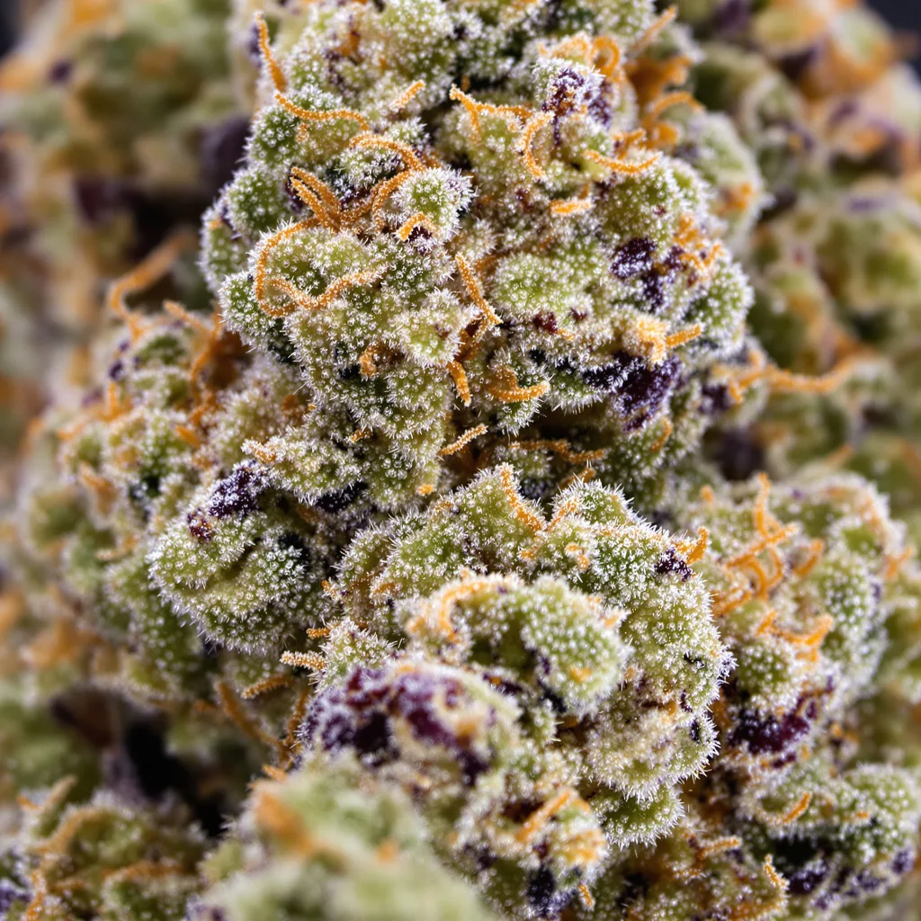 Strawberry Gary cannabis bud close-up showing open-bud structure with orange pistils