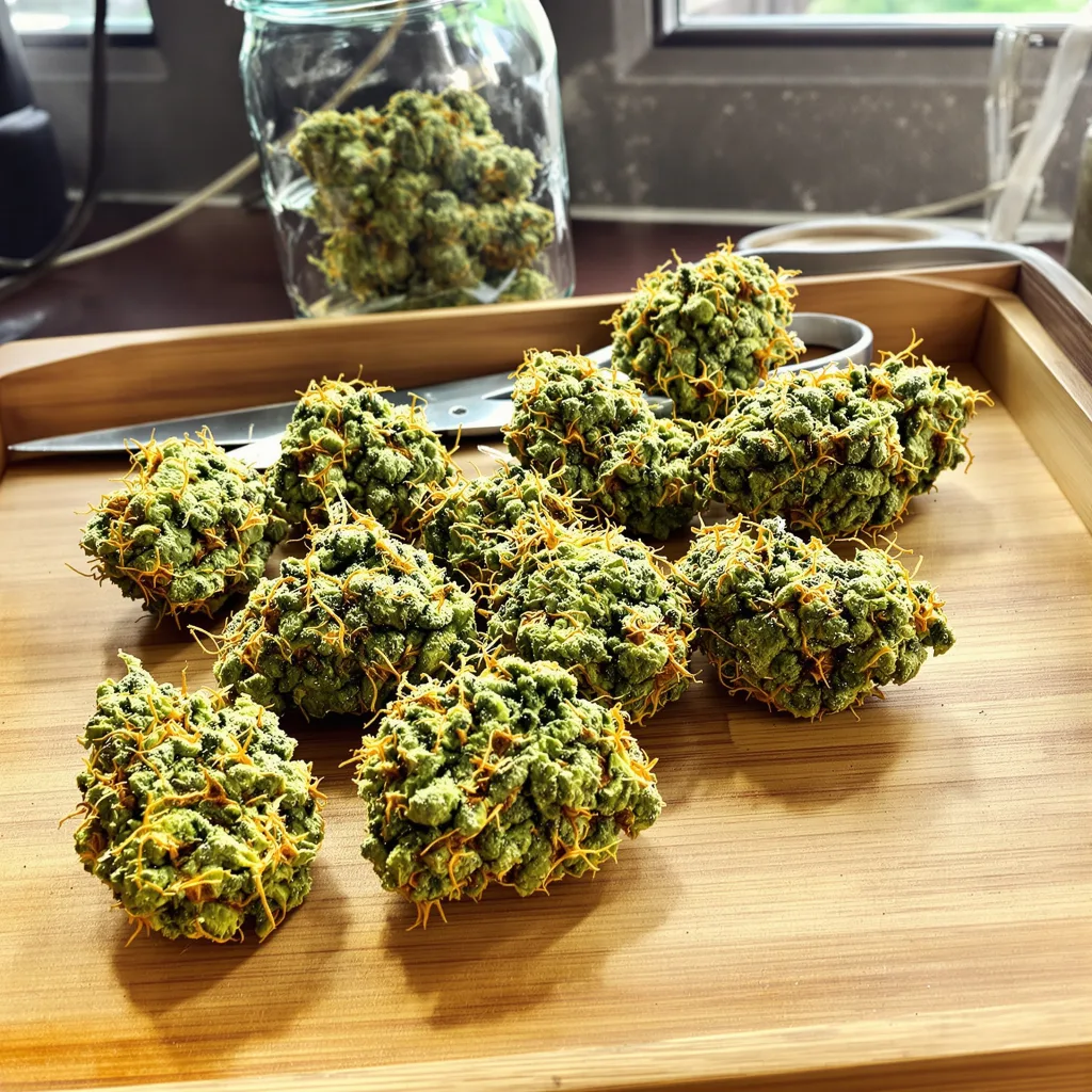 Strawberry Haze 25% indica / 75% sativa flower with visible trichomes