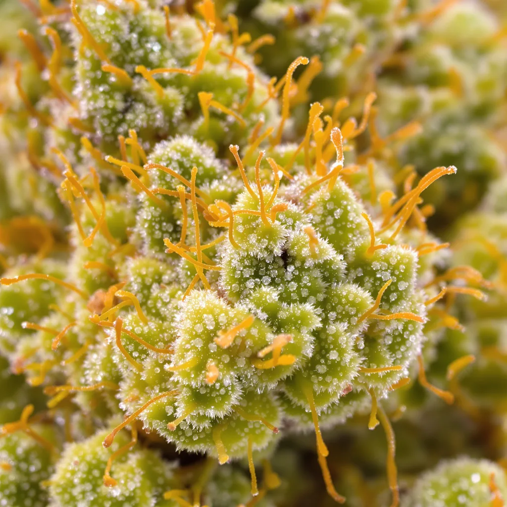 Strawberry Haze cannabis bud close-up showing lime-green airy structure
