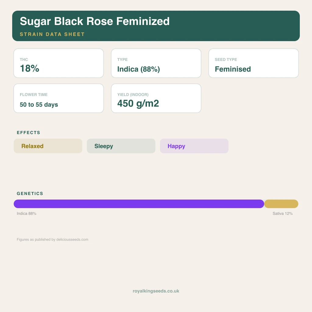 Sugar Black Rose 88% indica / 12% sativa flower with visible trichomes