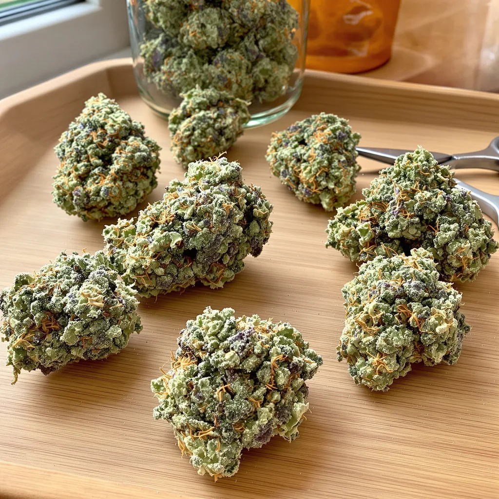 Sugar Cookie 60% indica / 40% sativa flower with visible trichomes