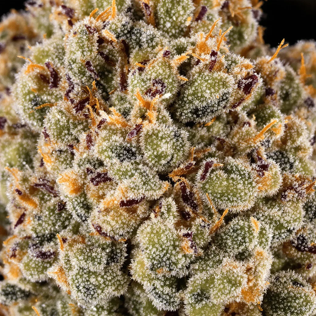 Sugar Cookie cannabis bud close-up showing dense forest-green nugs