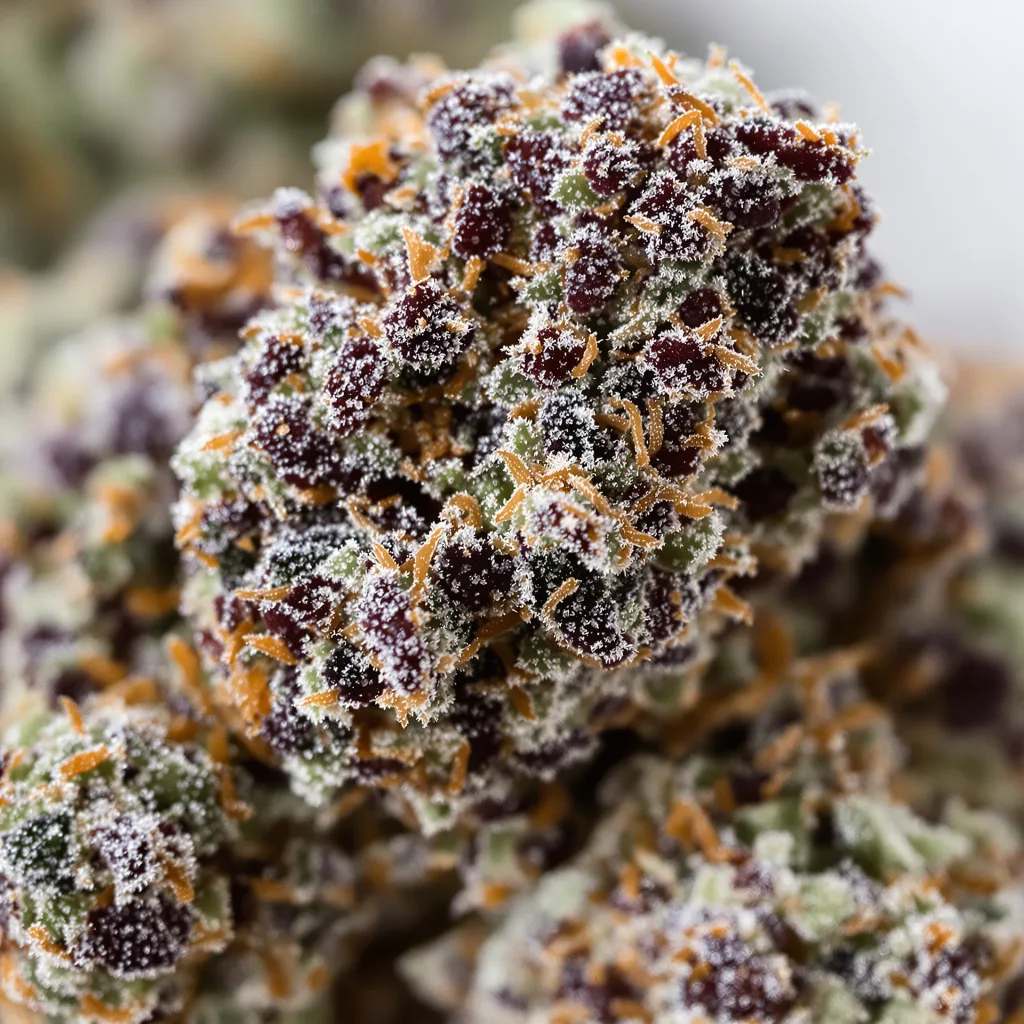 Sugar Shack cannabis bud close-up showing dense purple-tinged calyxes